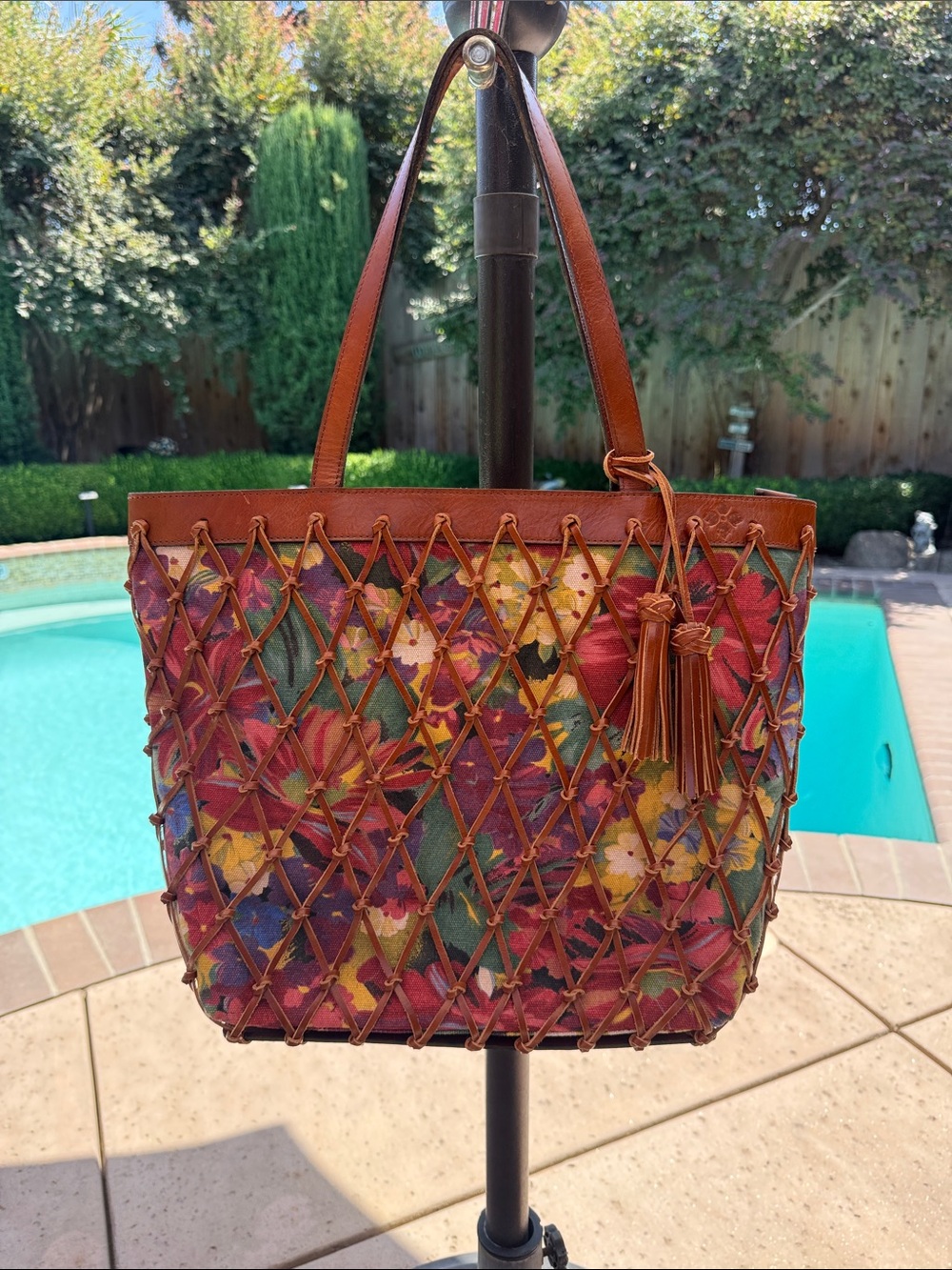 Patricia Nash Multicolor Floral Canvas Tote with Brown Leather Lattice